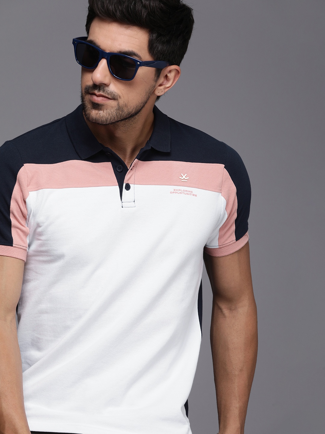 

WROGN Men Pure Cotton Colourblocked Polo Collar Slim Fit T-shirt, Navy blue