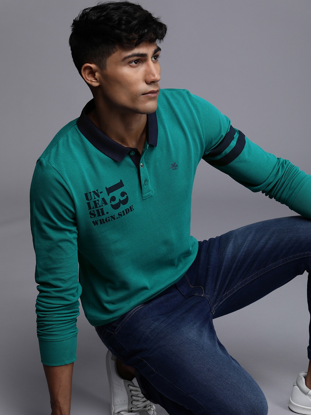 

WROGN Typography Printed Polo Collar Pure Cotton T-shirt, Teal