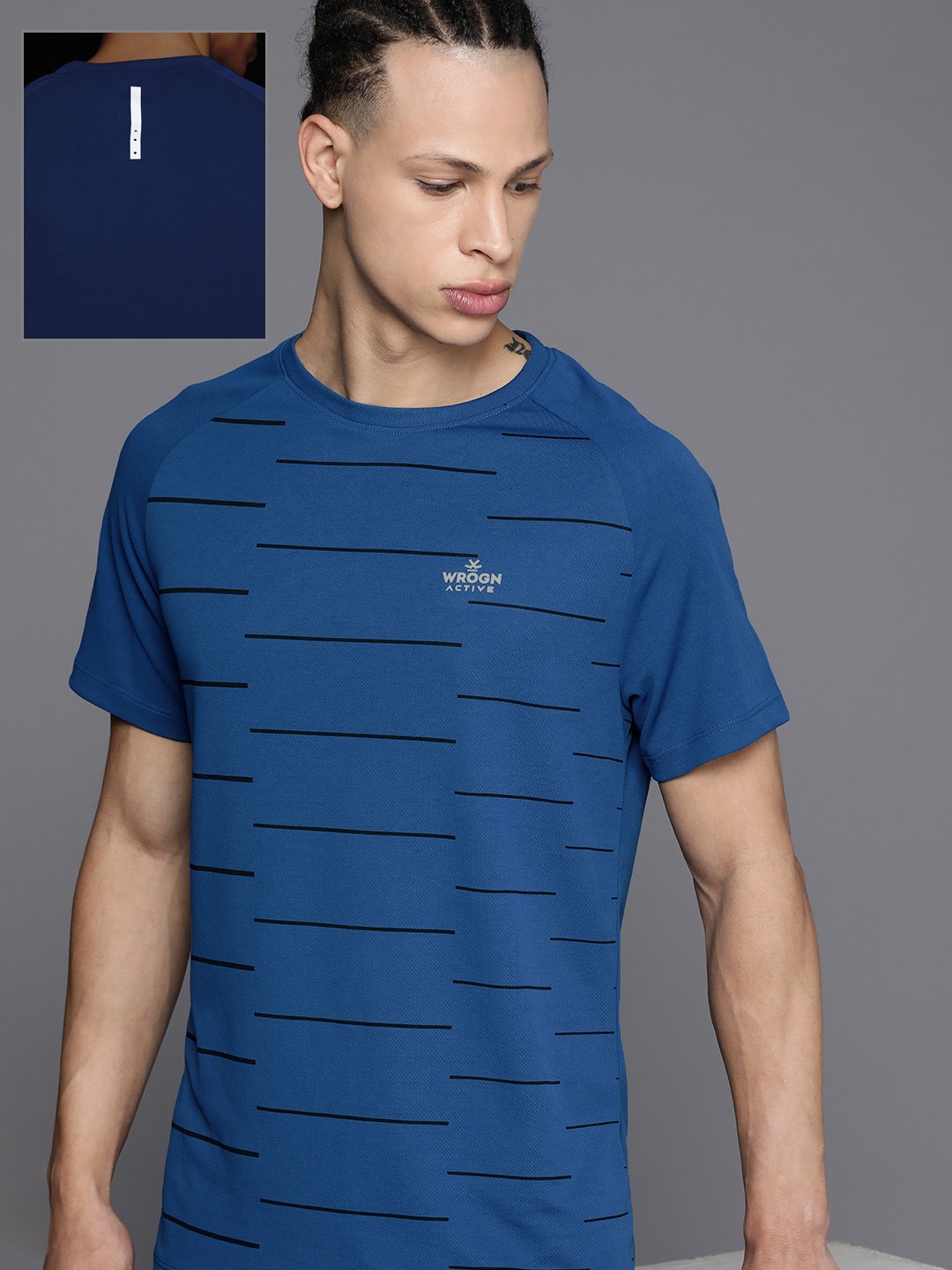 

WROGN ACTIVE Brand Logo Striped Sports T-shirt With Dry Pro Technology, Blue