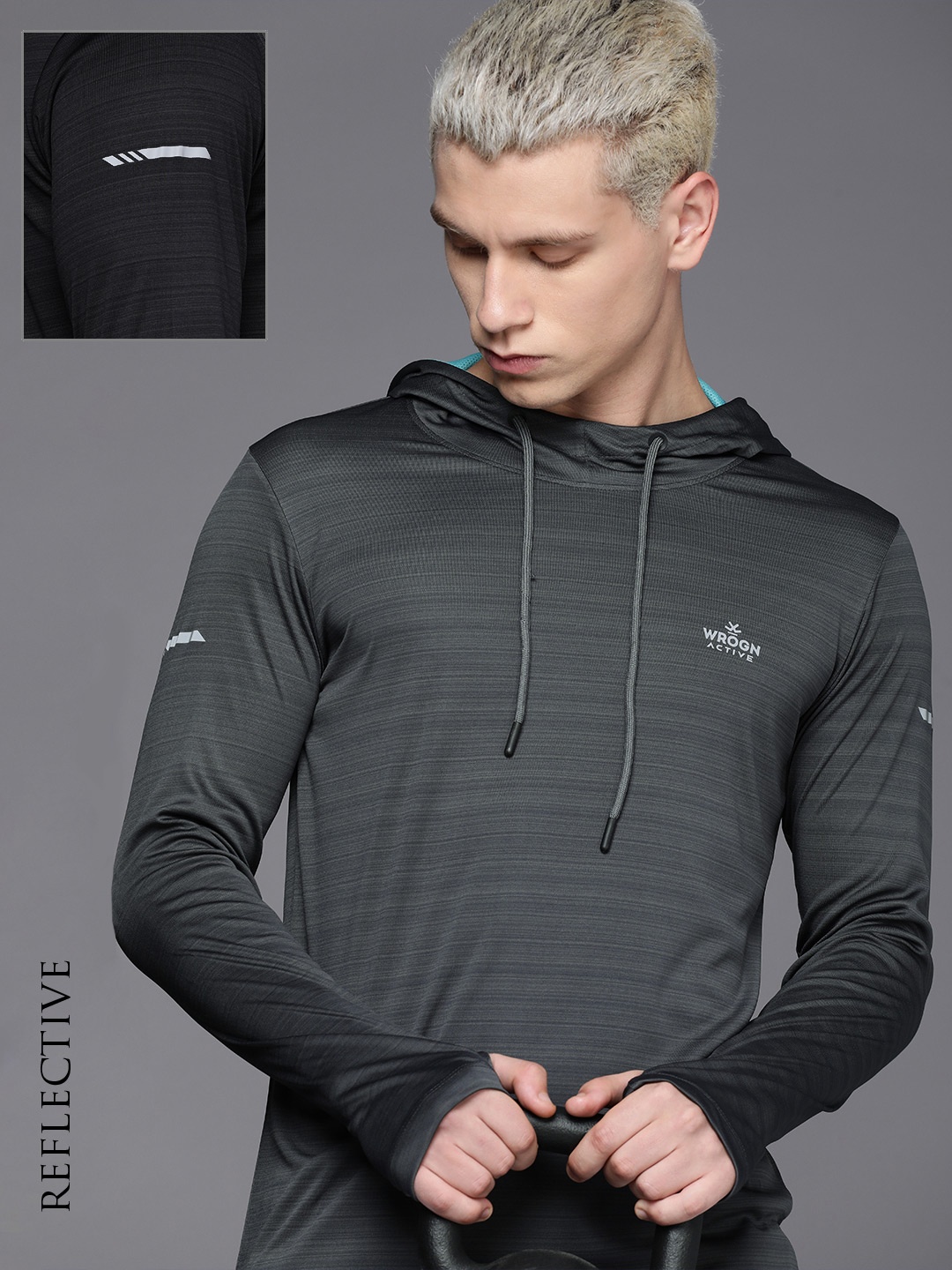 

WROGN ACTIVE Men Striped Hooded Long Sleeves Outdoor T-shirt, Charcoal