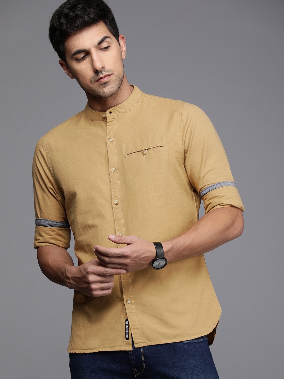 

WROGN Men Pure Cotton Slim Fit Casual Shirt, Khaki