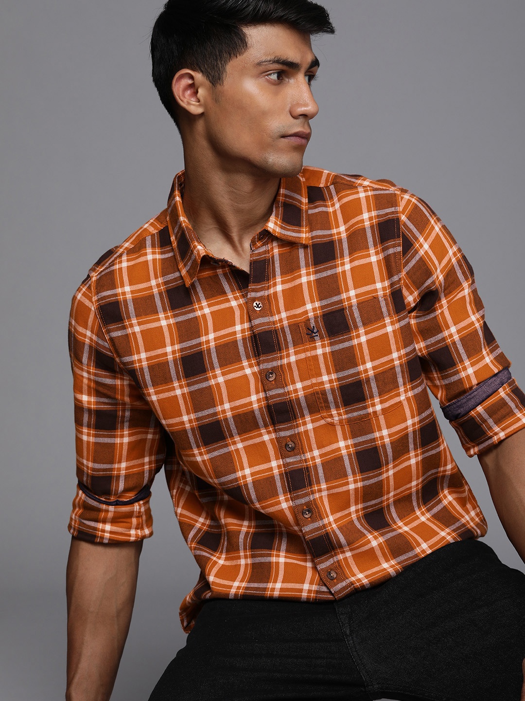 

WROGN Men Pure Cotton Slim Fit Tartan Checked Casual Shirt, Orange