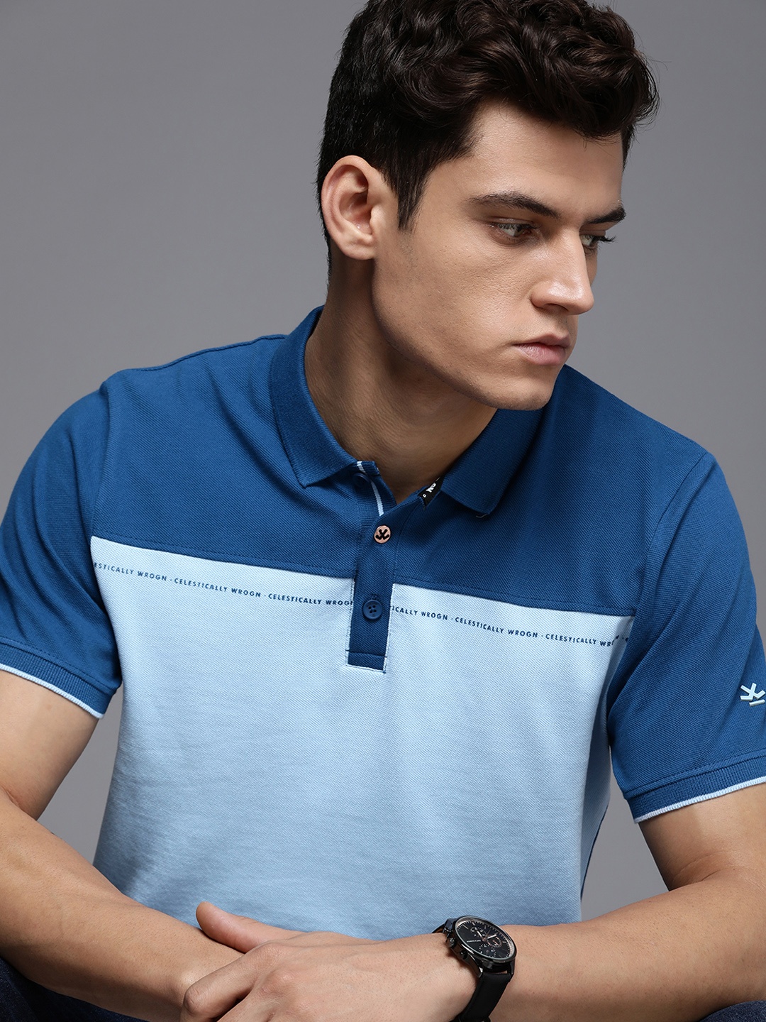 

WROGN Men Pure Cotton Colourblocked Polo Collar Slim Fit T-shirt, Blue
