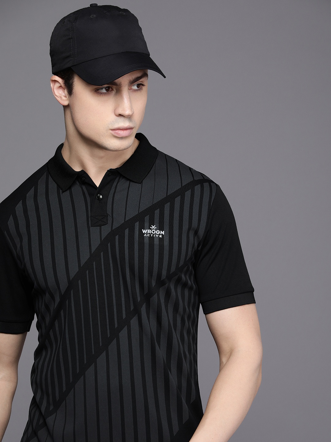 

WROGN ACTIVE Striped Polo Collar Dry-Pro Slim Fit T-shirt, Black