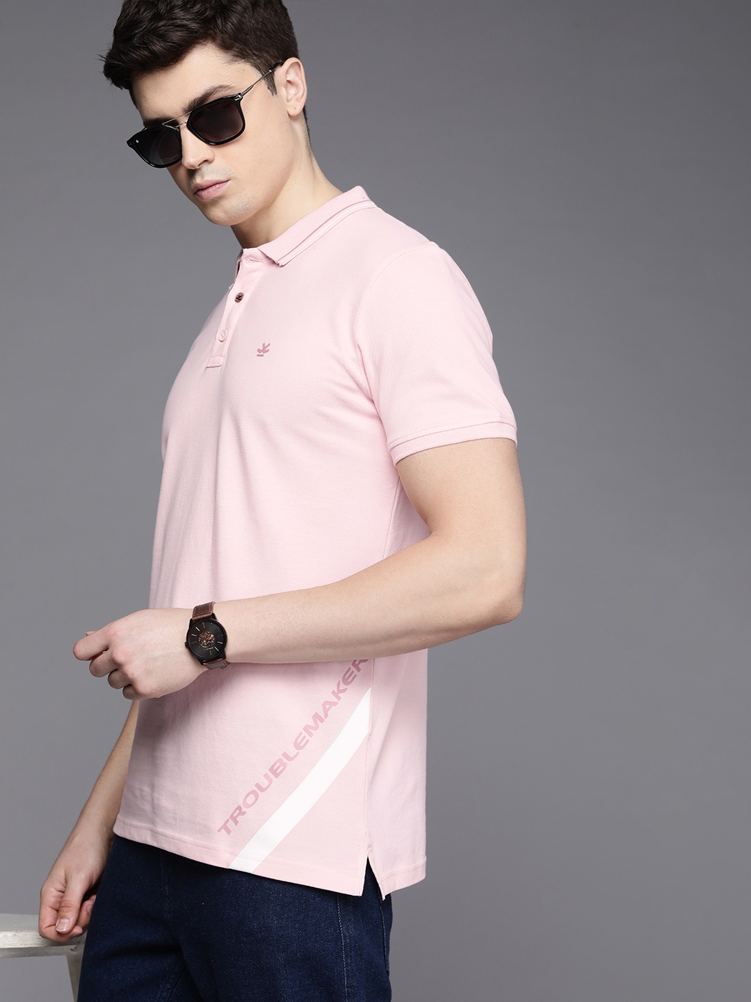 

WROGN Men Pure Cotton Polo Collar Slim Fit Casual T-shirt, Pink
