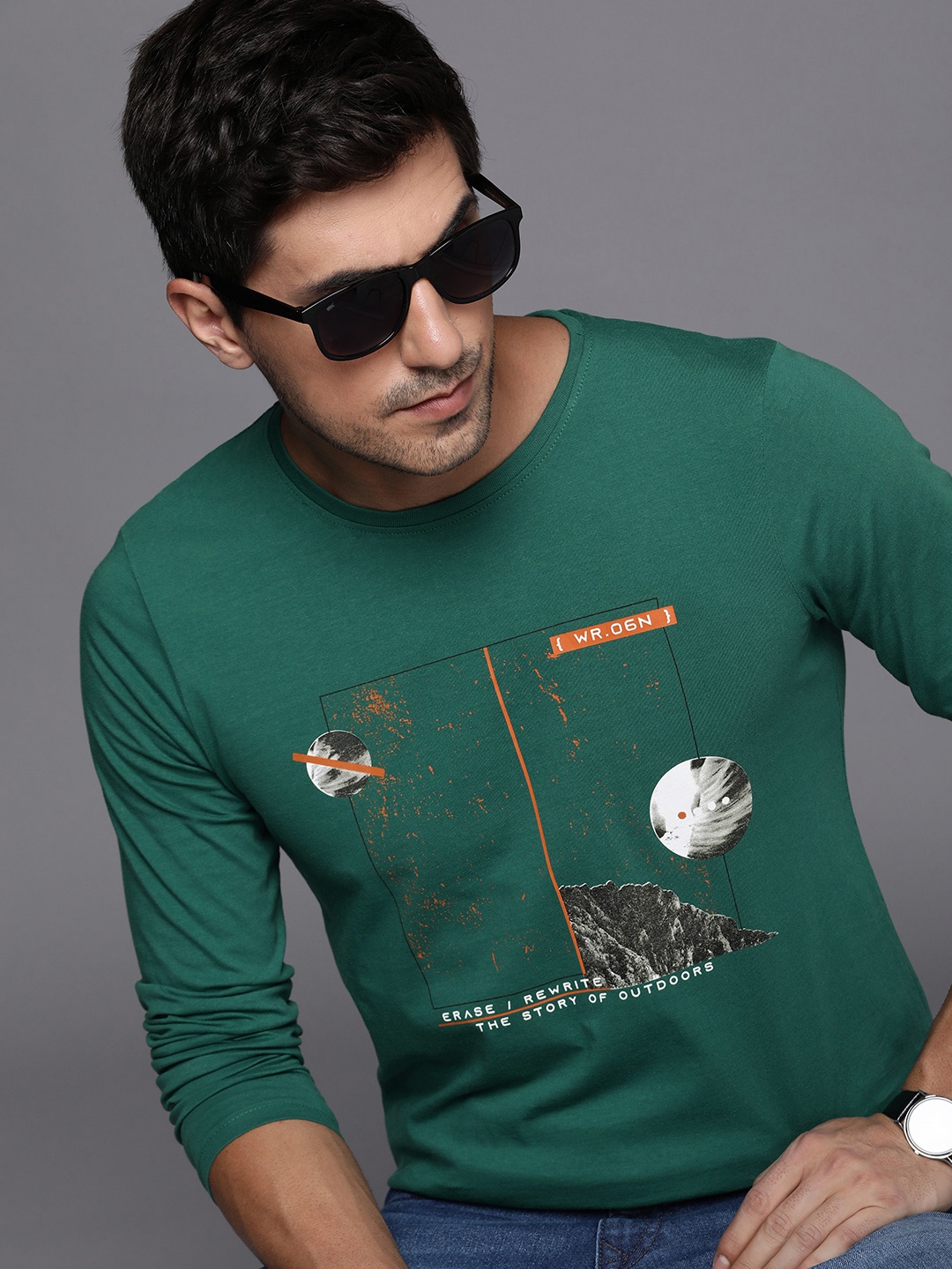 

WROGN Printed Pure Cotton Slim Fit T-shirt, Green