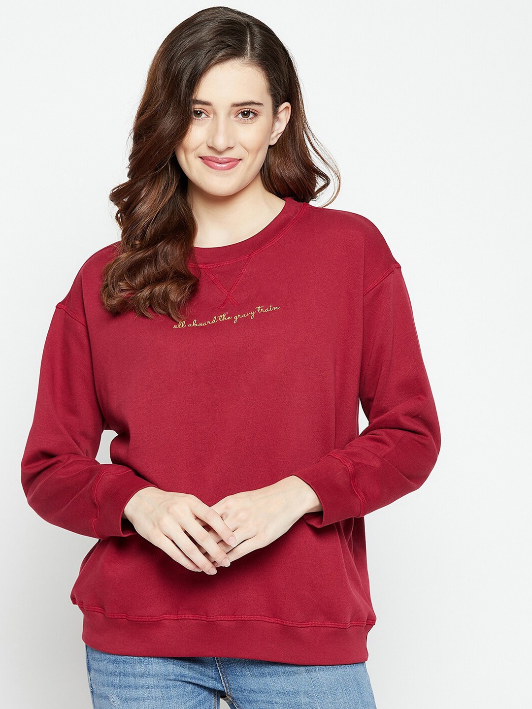 

CHILL WINSTON Women Typography Printed Fleece Pullover Sweatshirt, Maroon
