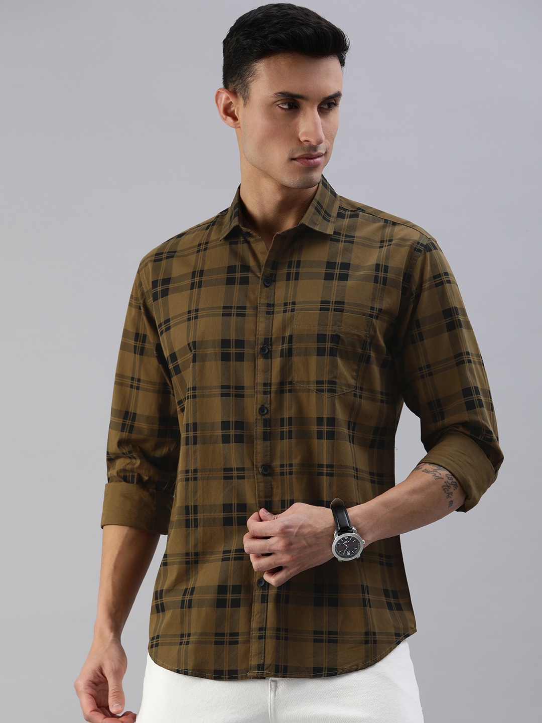 

DEZANO Slim Fit Checked Casual Shirt, Brown