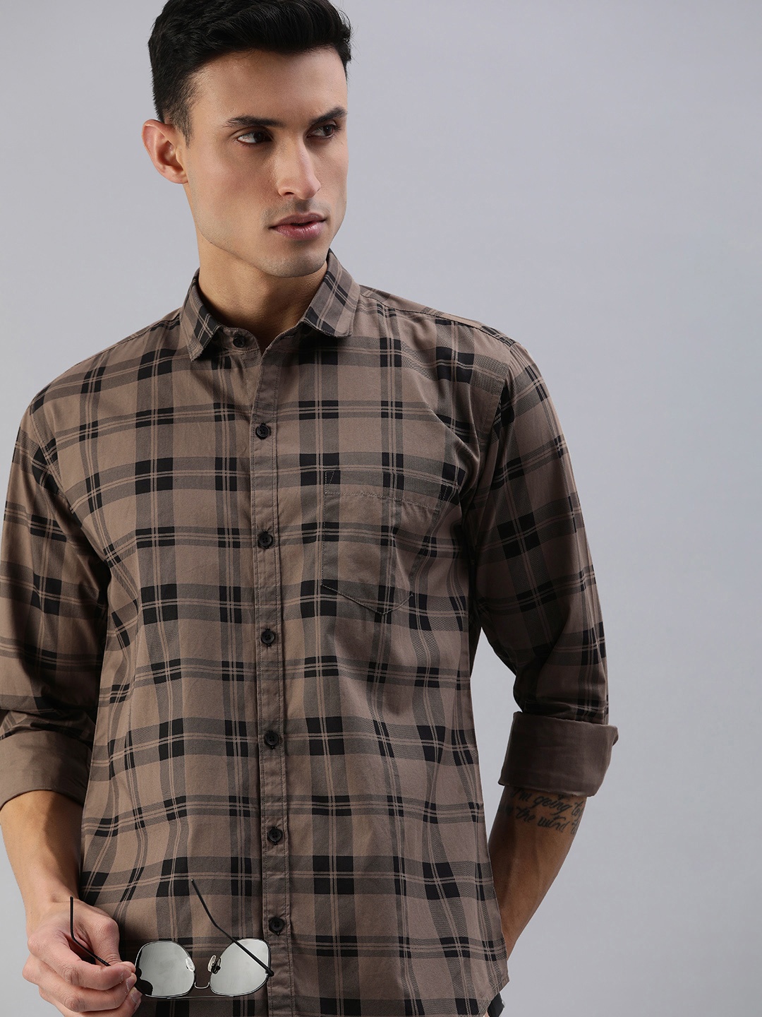 

DEZANO Slim Fit Checked Casual Shirt, Grey