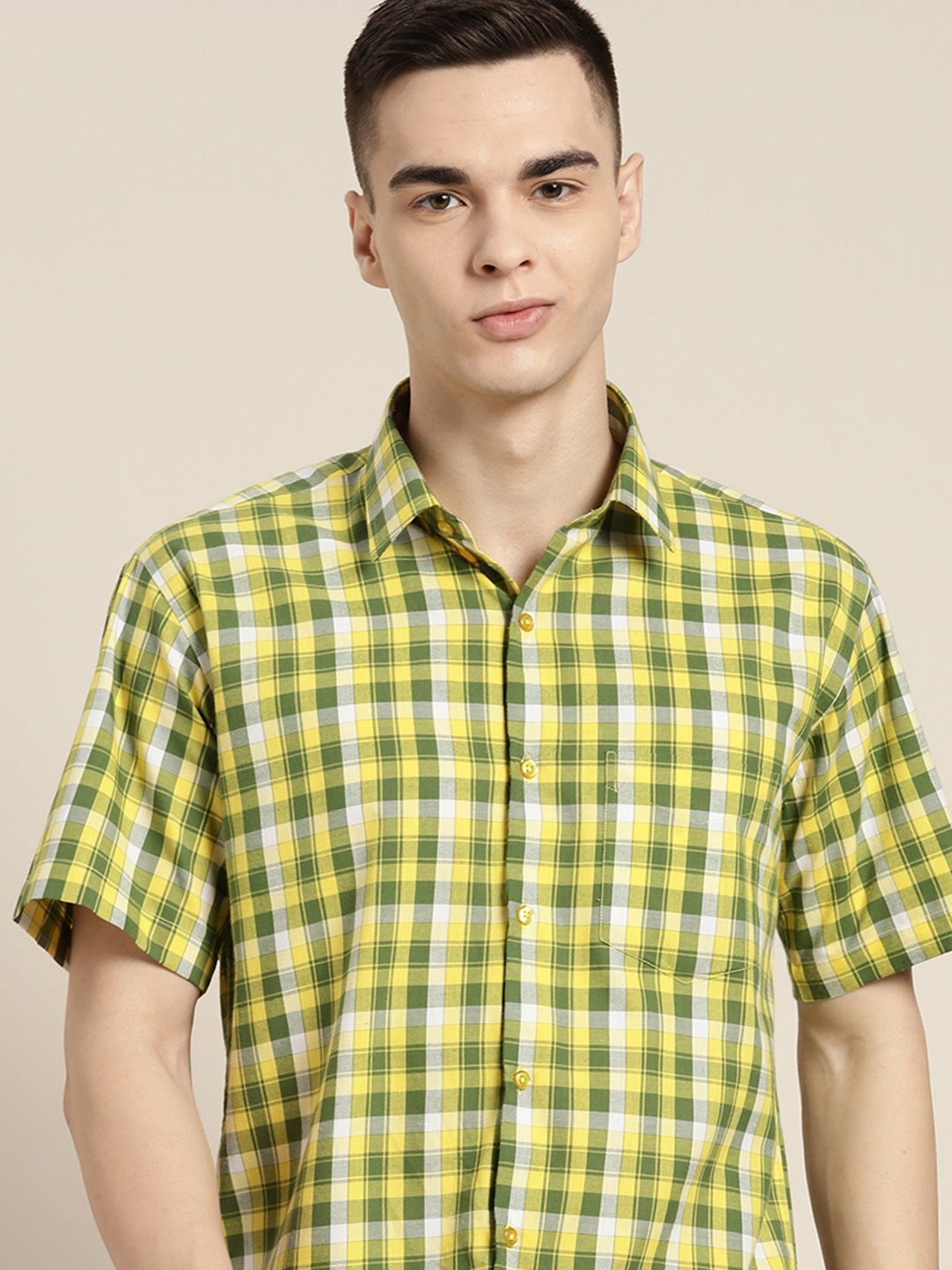 

Hancock Men Premium Slim Fit Checked Pure Cotton Casual Shirt, Yellow