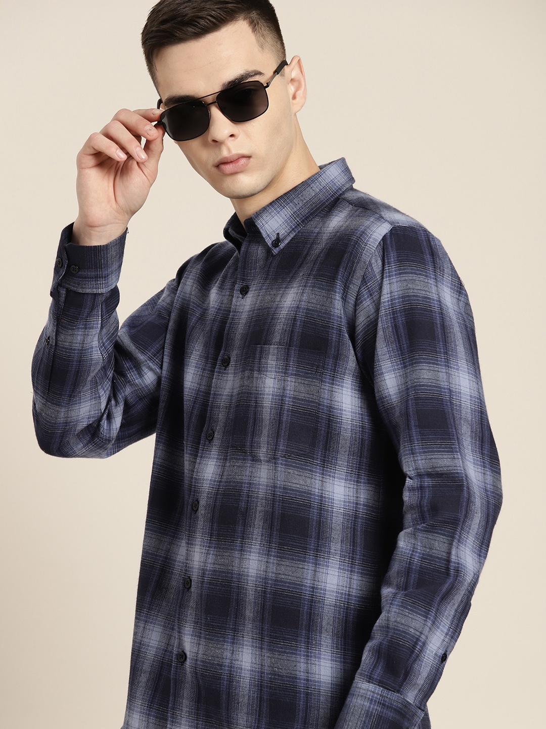 

Hancock Men Premium Slim Fit Checked Flannel Pure Cotton Casual Shirt, Navy blue