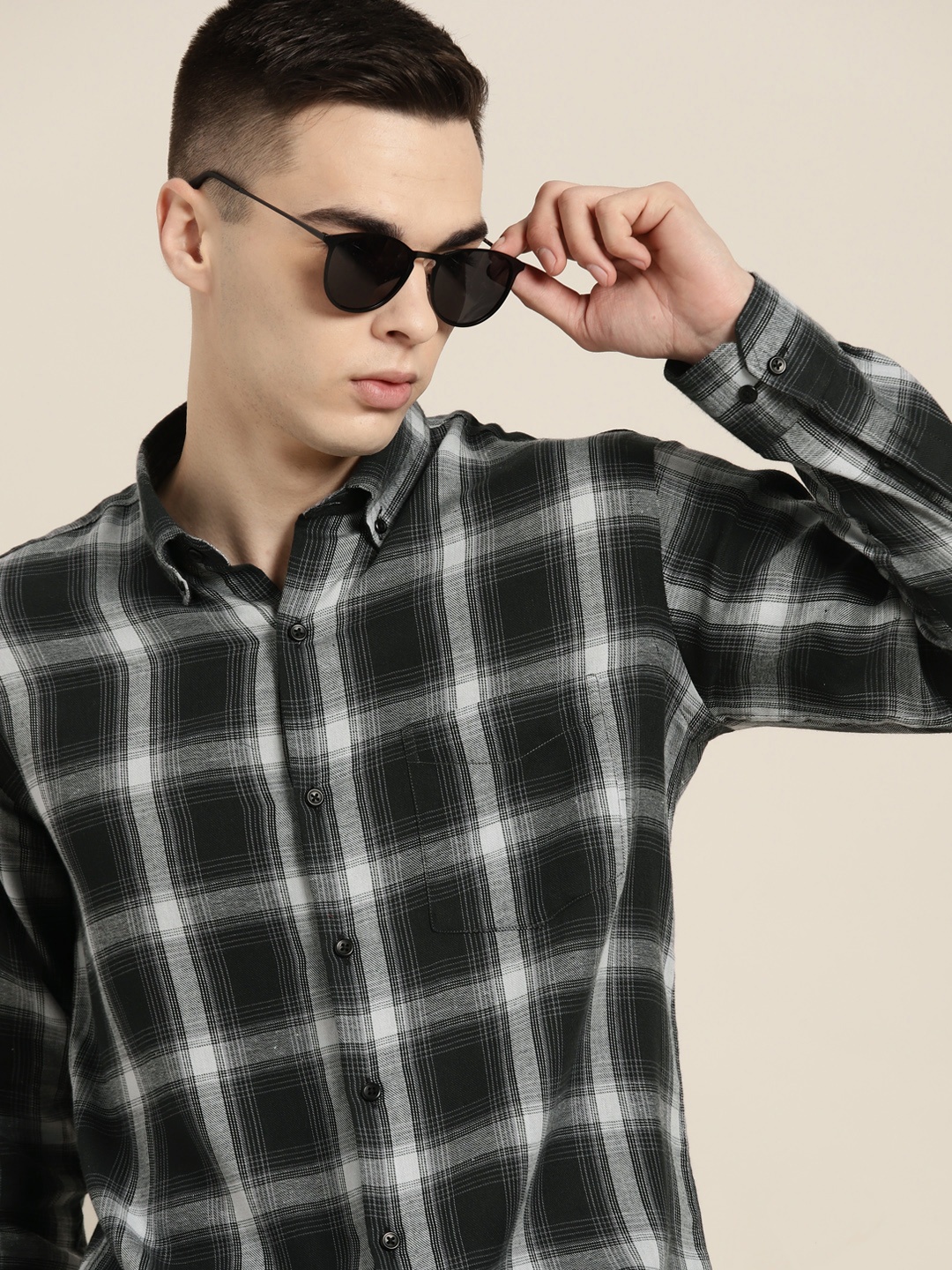 

Hancock Men Premium Slim Fit Flannel Checked Pure Cotton Casual Shirt, Black