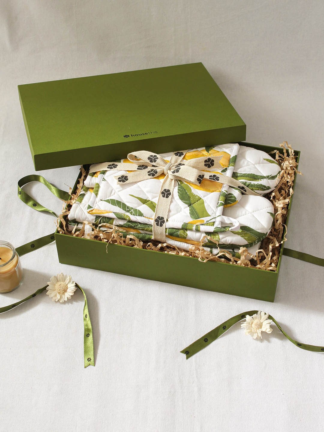 

House This Ambo Yellow & Green 4 Pieces Printed Cotton Kitchen Linen Gift Box