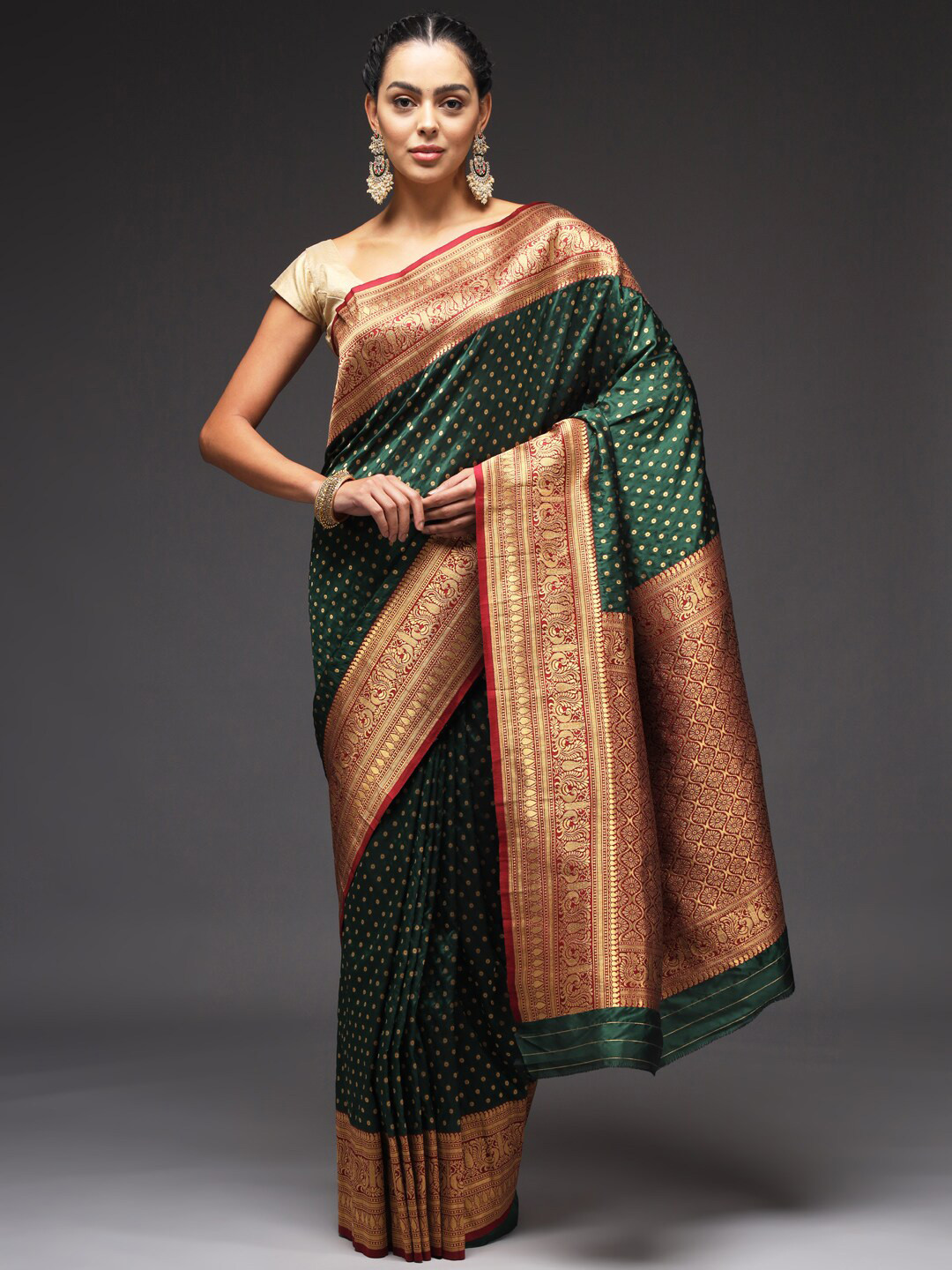 

Sitaram Designer Ethnic Motifs Woven Design Zari Art Silk Saree, Green