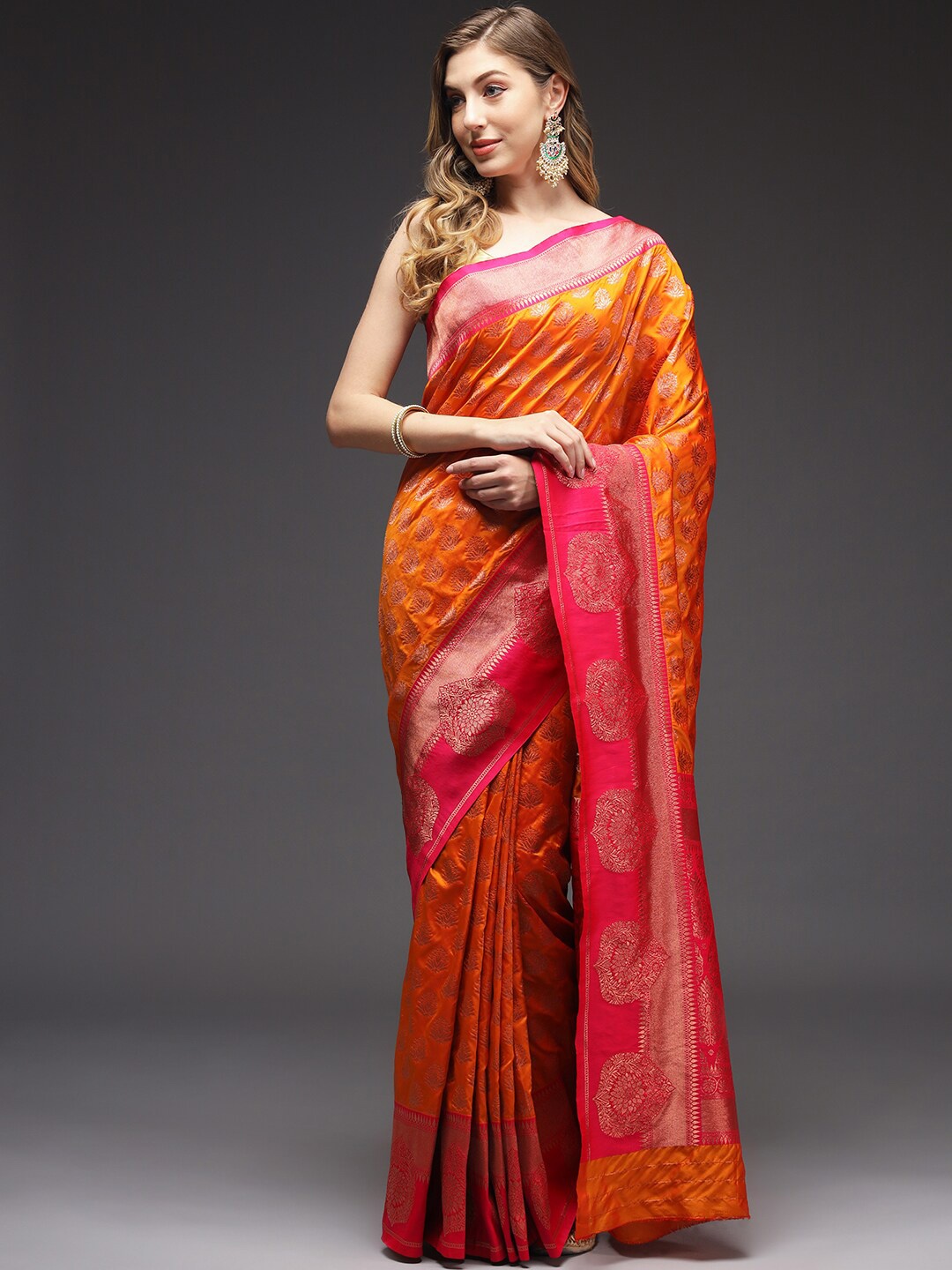 

Sitaram Designer Ethnic Motifs Woven Design Zari Art Silk Saree, Orange