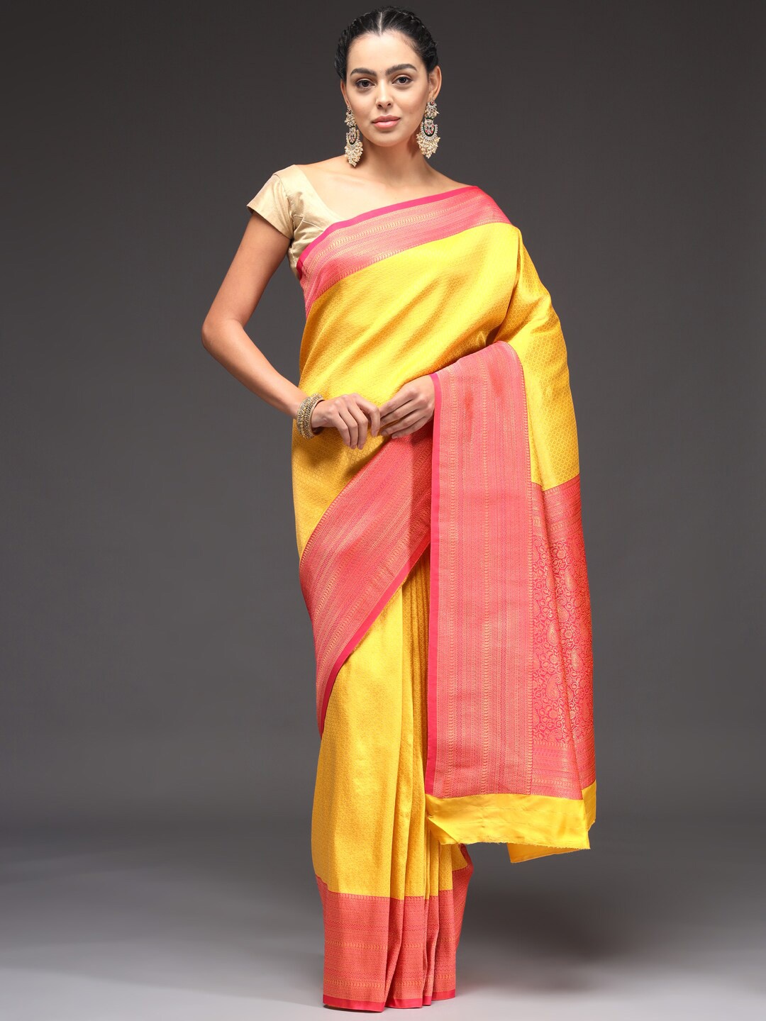 

Sitaram Designern Woven Design Zari Art Silk Saree, Yellow