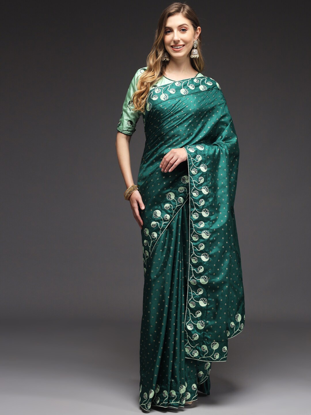 

Sitaram Designer Floral Printed Embroidered Bordered Art Silk Saree, Green