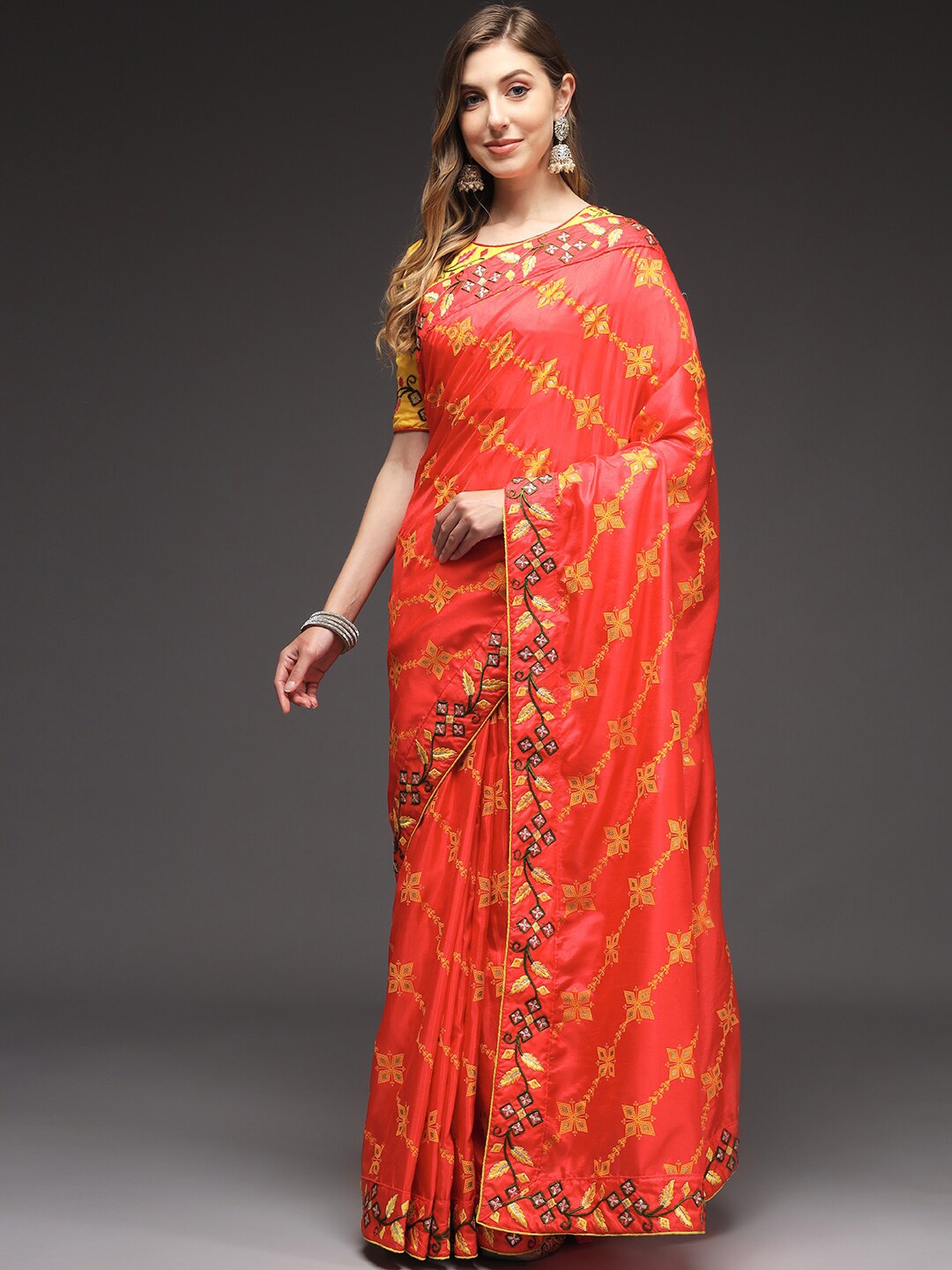 

Sitaram Designer Ethnic Motifs Embroidered Art Silk Block Print Saree, Orange