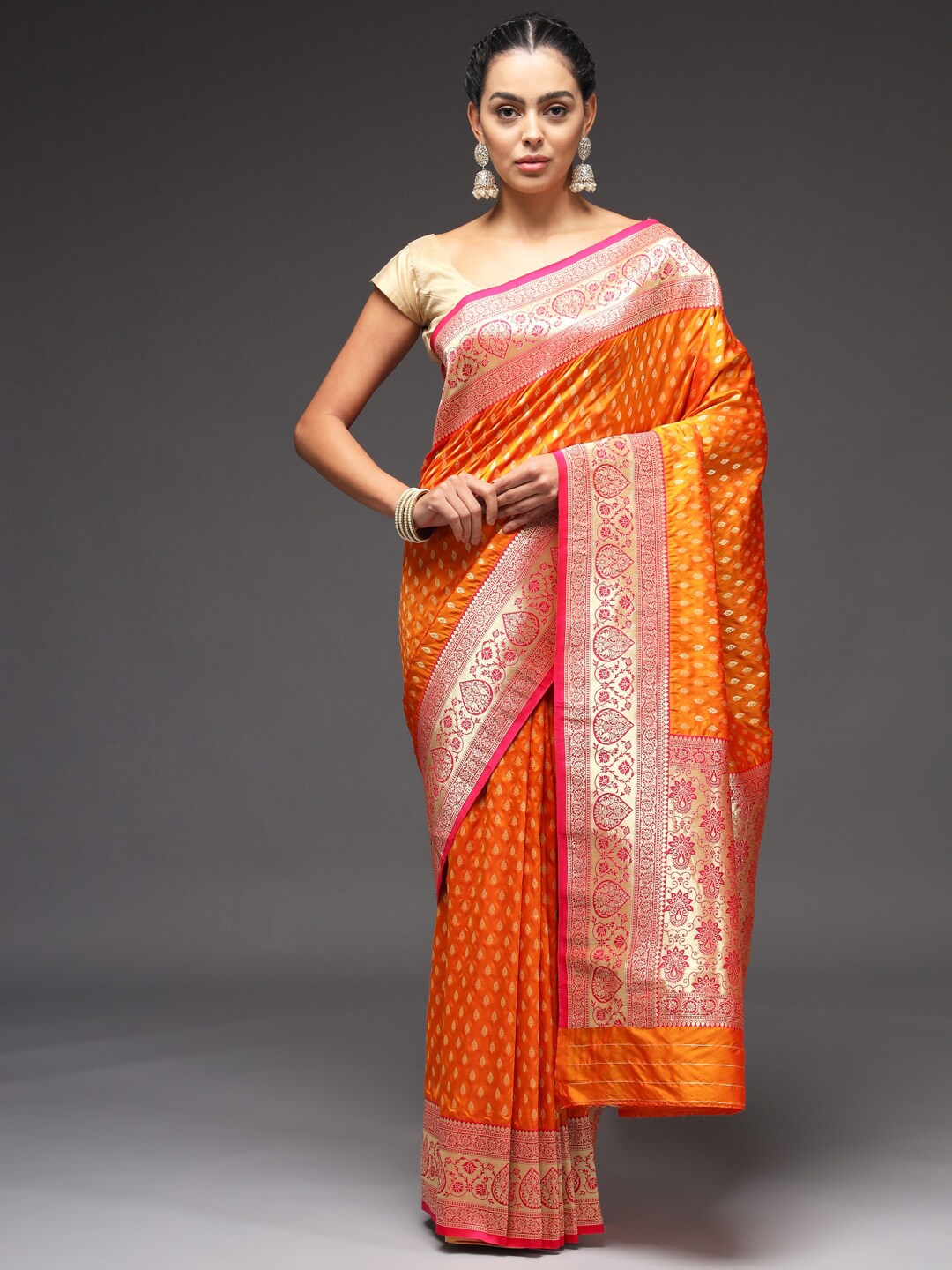 

Sitaram Designer Woven Design Zari Art Silk Banarasi Saree With blouse, Orange