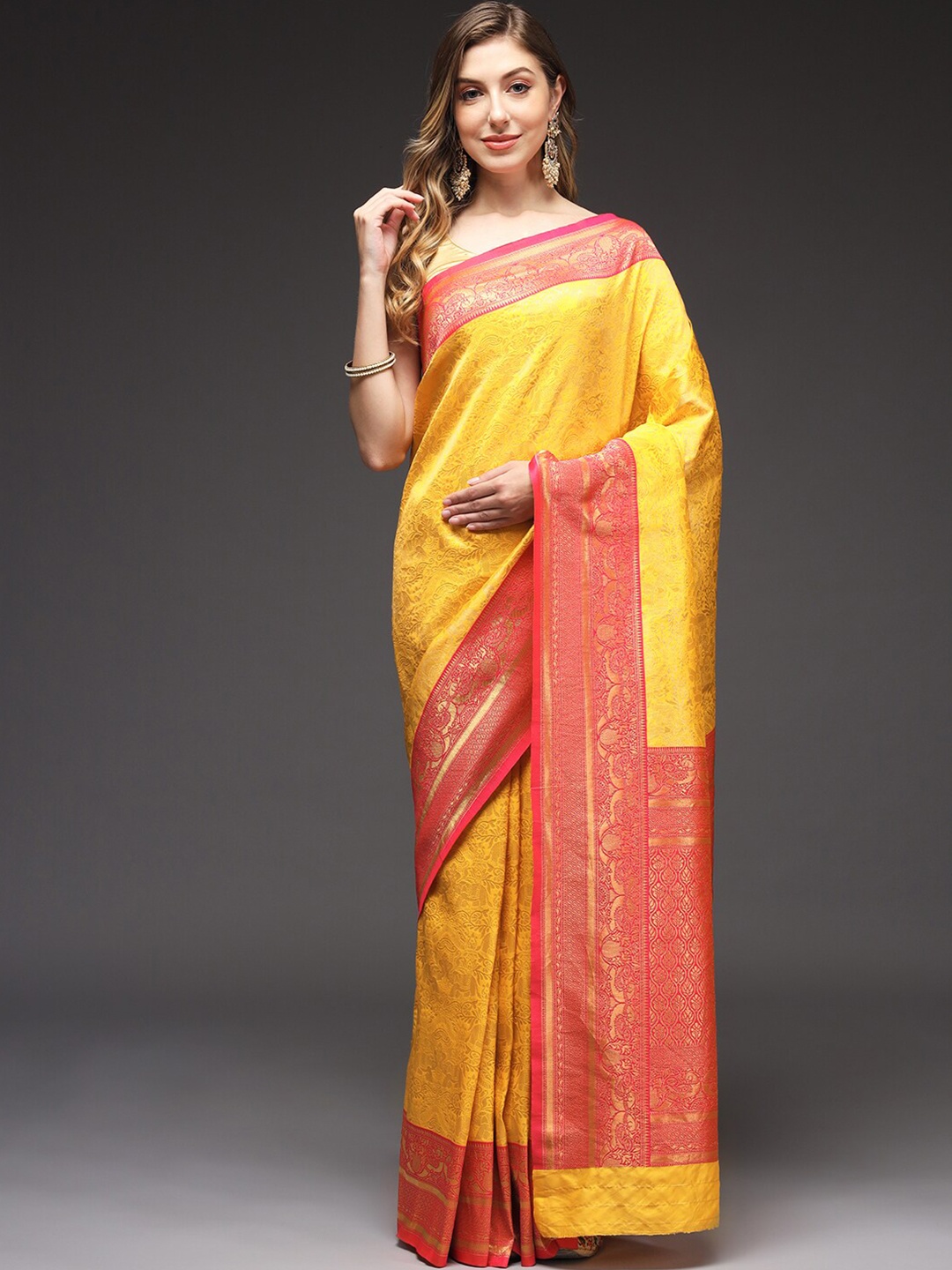 

Sitaram Designer Woven Design Zari Art Silk Banarasi Saree With blouse, Yellow