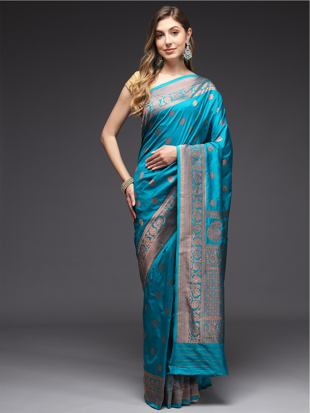 

Sitaram Designer Ethnic Motifs Zari Art Silk Banarasi Saree, Teal