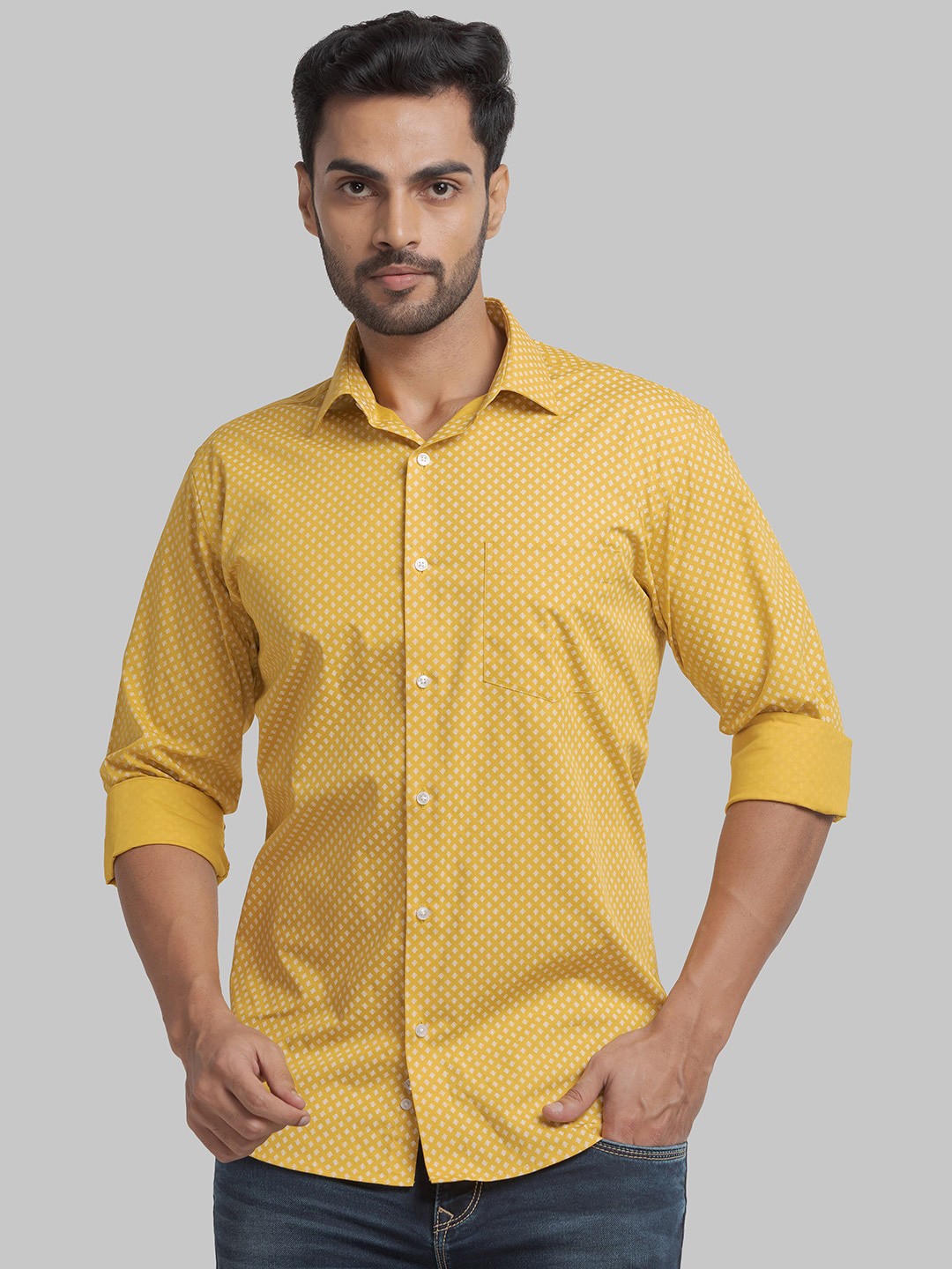 

Park Avenue Men Micro Ditsy Printed Cotton Slim Fit Printed Casual Shirt, Yellow