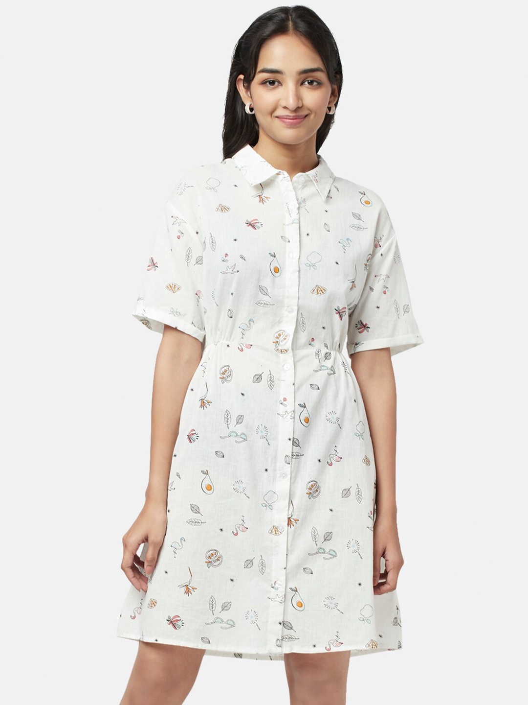 

YU by Pantaloons Printed Shirt Collar A-Line Dress, White