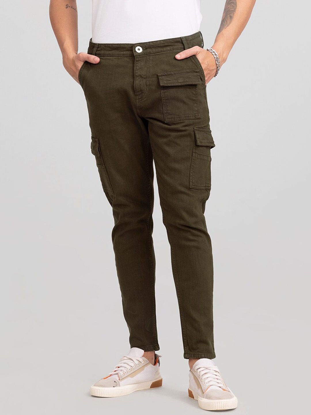 

Snitch Men Skinny Fit Cargo Trousers, Brown