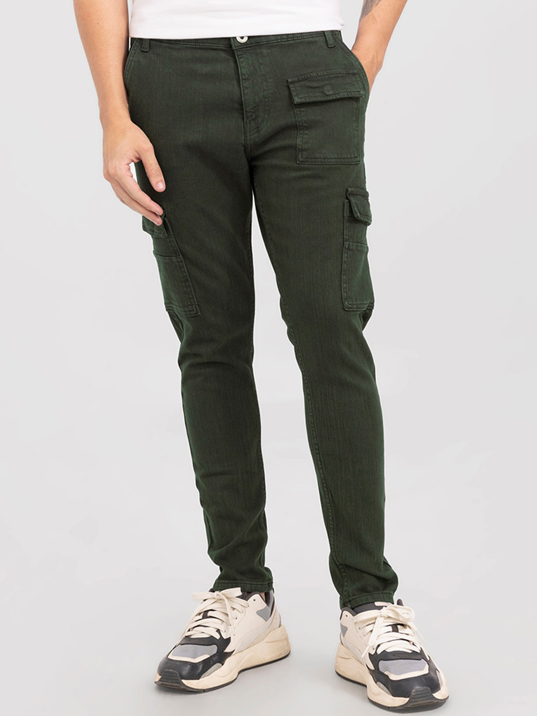 

Snitch Men Skinny Fit Cotton Cargo Jeans, Olive
