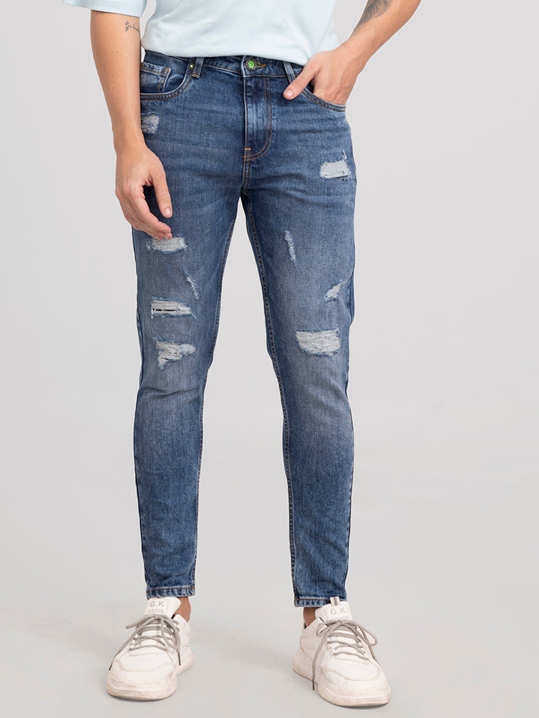 

Snitch Men Skinny Fit Highly Distressed Heavy Fade Cotton Jeans, Blue