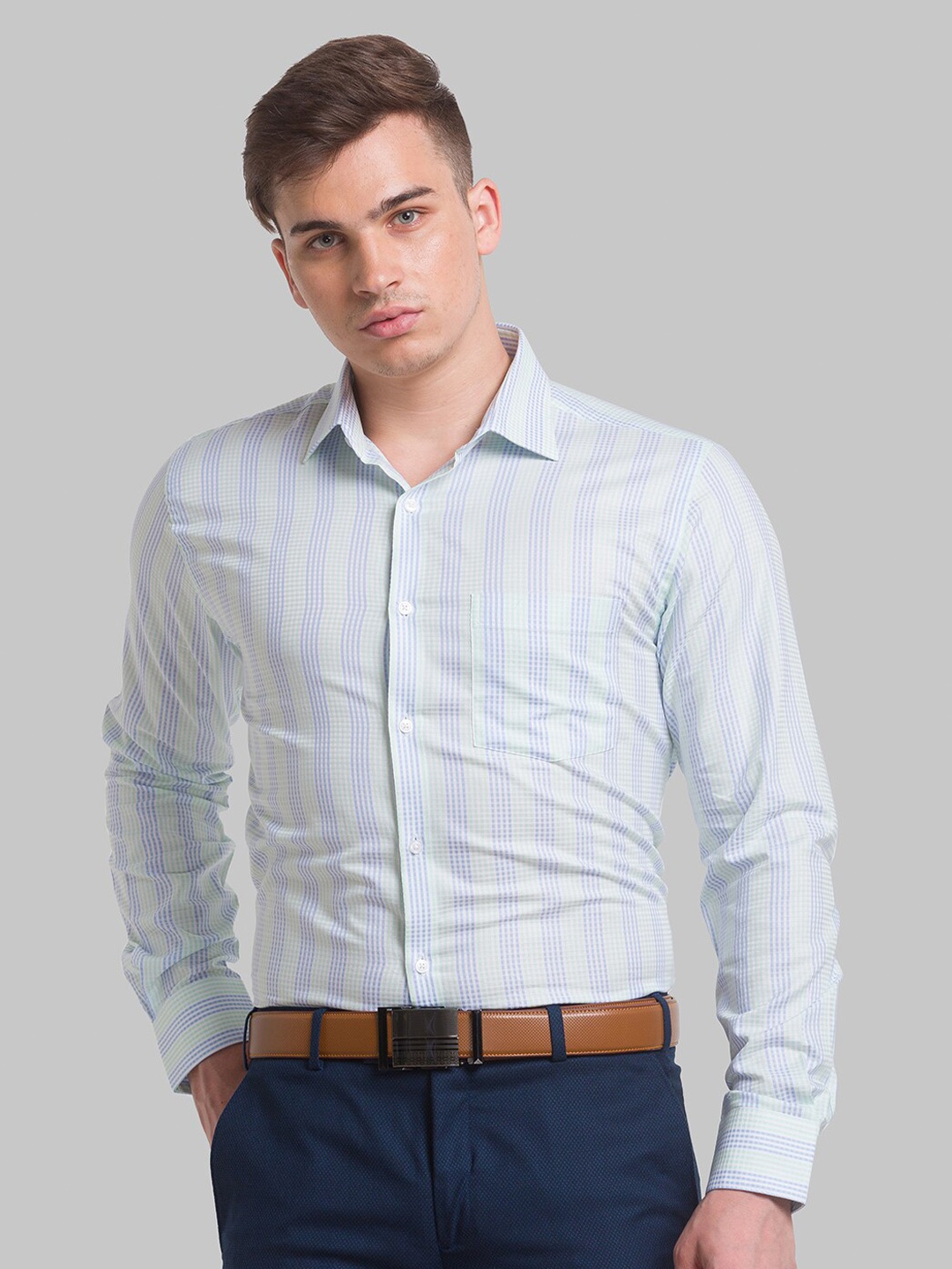 

Park Avenue Men Blue Slim Fit Striped Formal Shirt