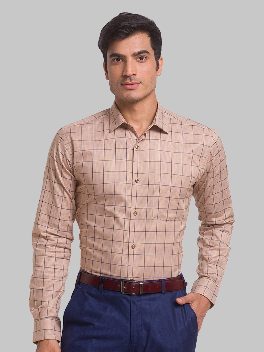 

Park Avenue Men Windowpane Checks Cotton Formal Shirt, Beige