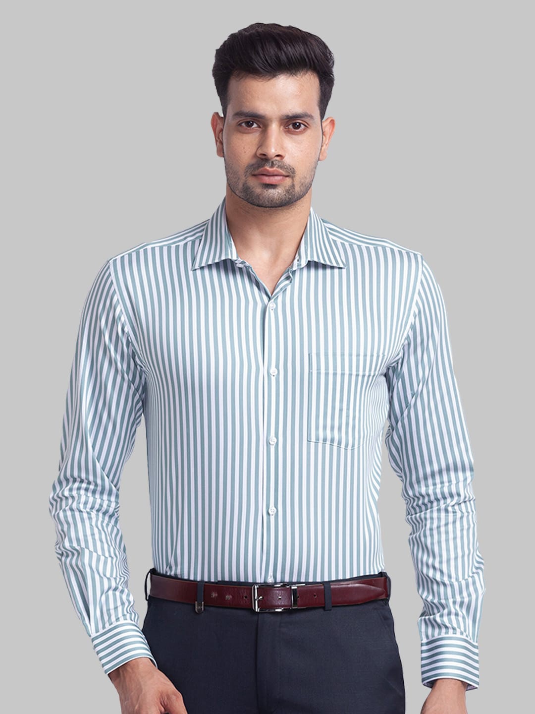 

Park Avenue Men Striped Spread Collar Cotton Slim Fit Formal Shirt, Green