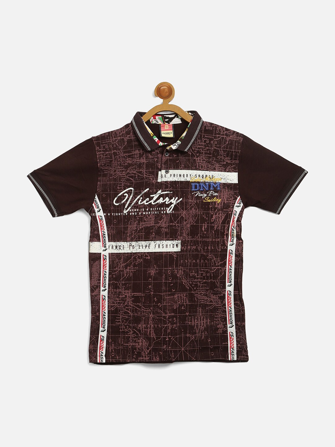 

V2 Value & Variety Boys Graphic Printed Polo Collar Cotton T-shirt, Brown