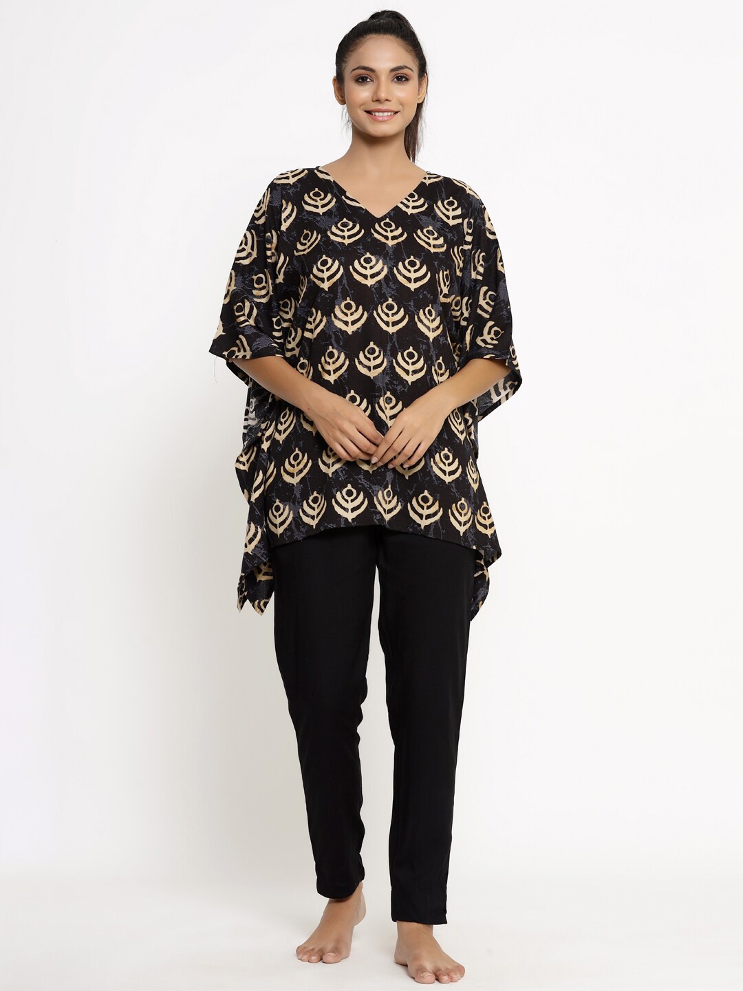 

kipek Women 2 Pieces Ethnic Motifs Printed Kaftan Night Suit, Black