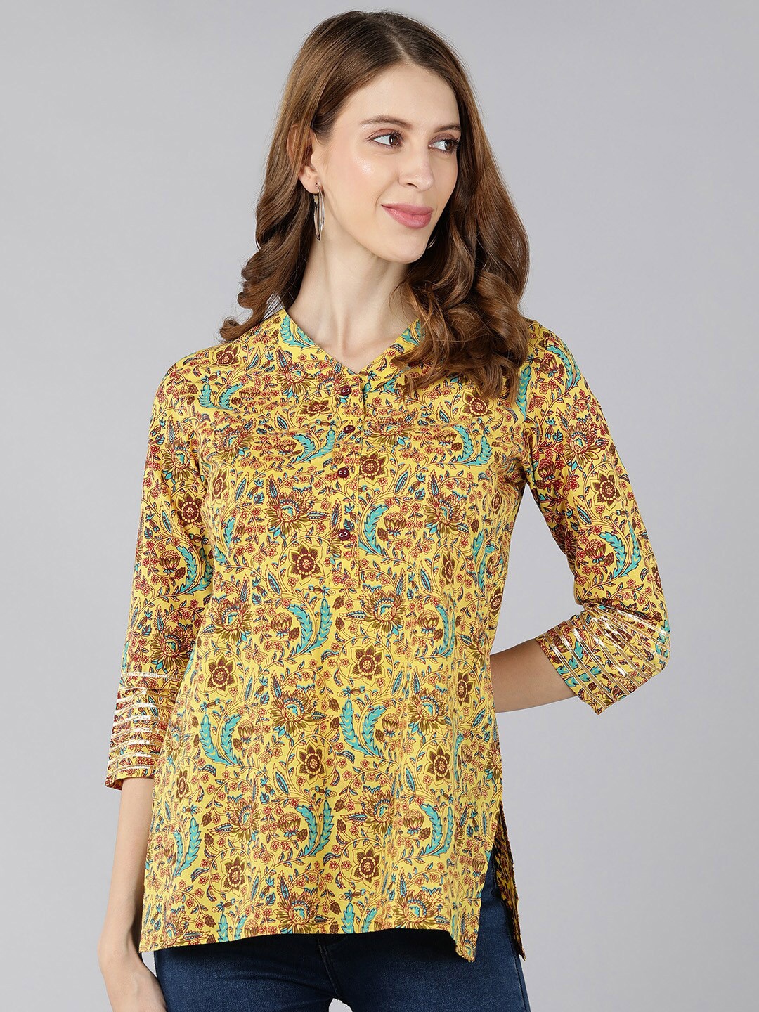 

kipek Floral Print Mandarin Collar Cotton Top, Yellow
