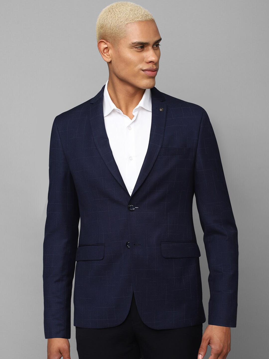 

Allen Solly Men Checked Slim-Fit Single-Breasted Blazer, Navy blue