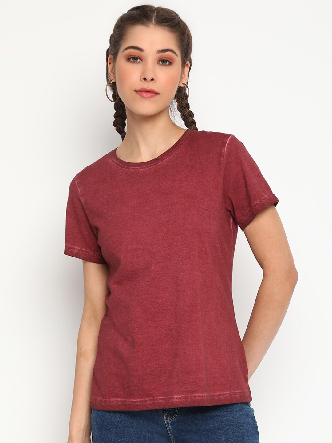 

Belliskey Women Round Neck Cotton T-shirt, Maroon
