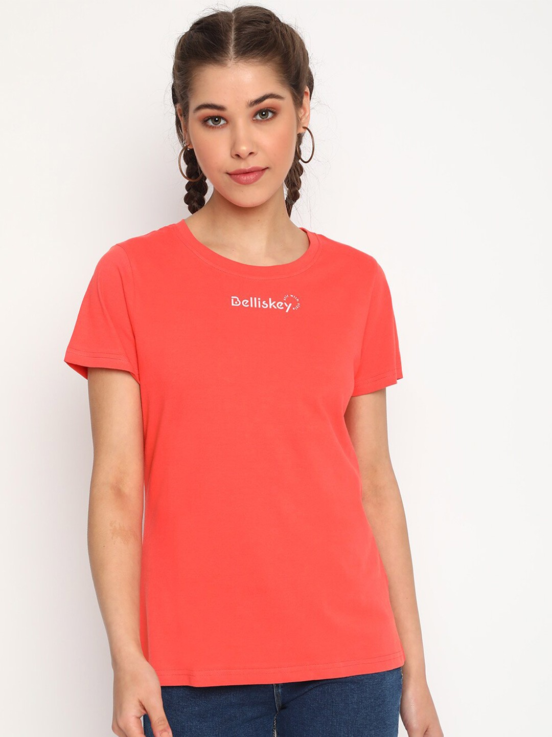 

Belliskey Women Brand Logo Printed Cotton T-shirt, Coral