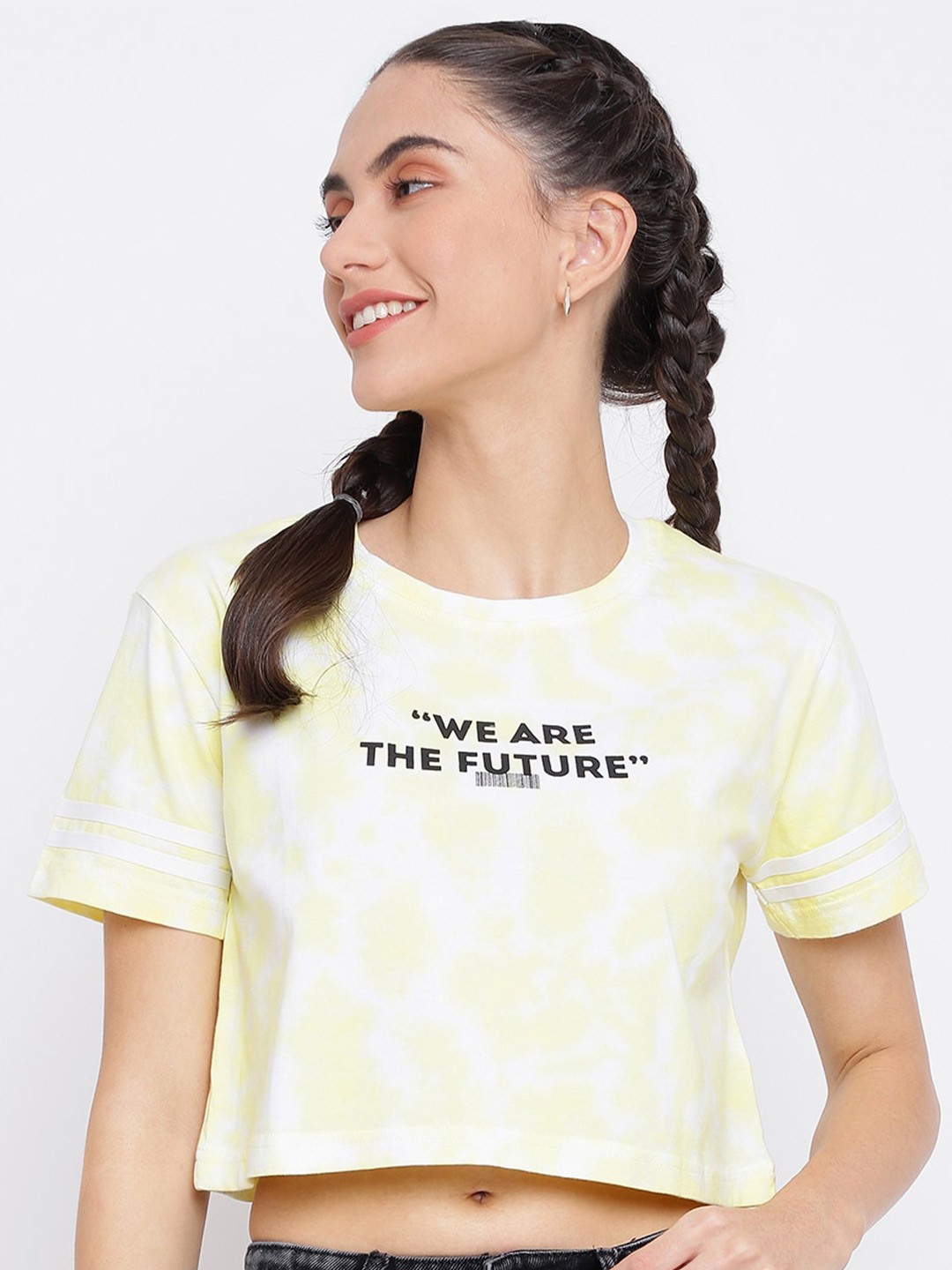

Belliskey Women Typography Printed Cotton Crop T-shirt, Yellow