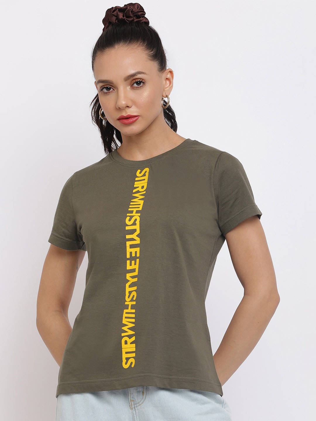 

Belliskey Round Neck Typography Printed Round Neck Cotton T-shirt, Olive