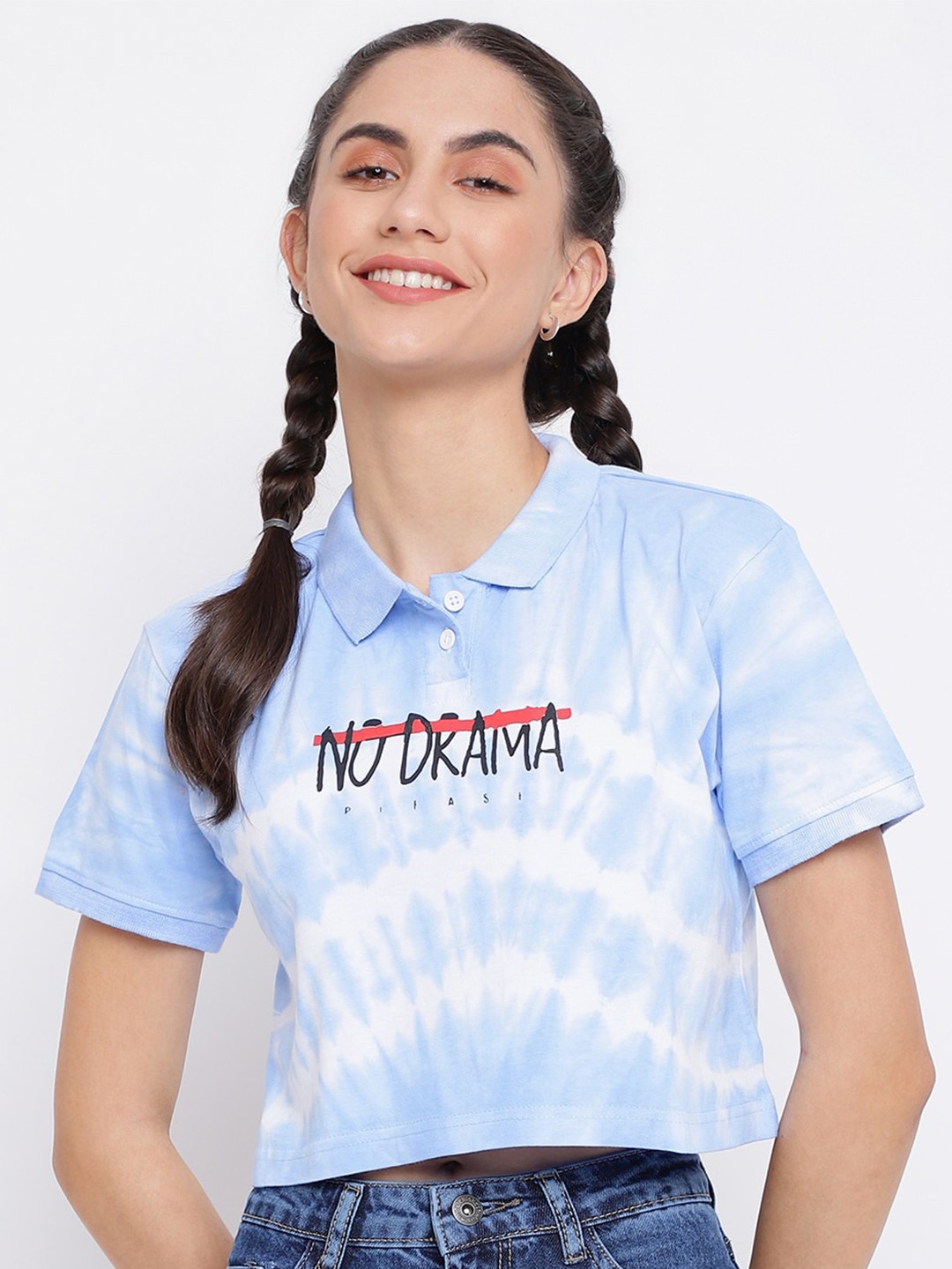

Belliskey Women Tie & Dye Crop Polo Cotton T-shirt, White