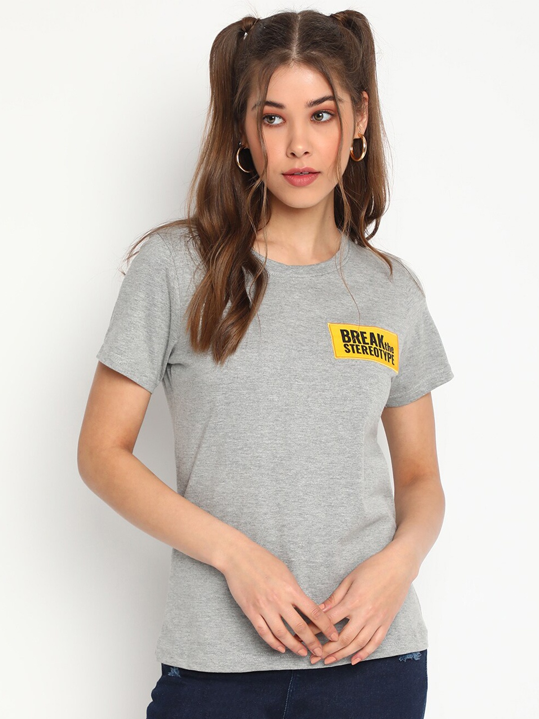 

Belliskey Women Round Neck Typography printed Cotton T-shirt, Grey
