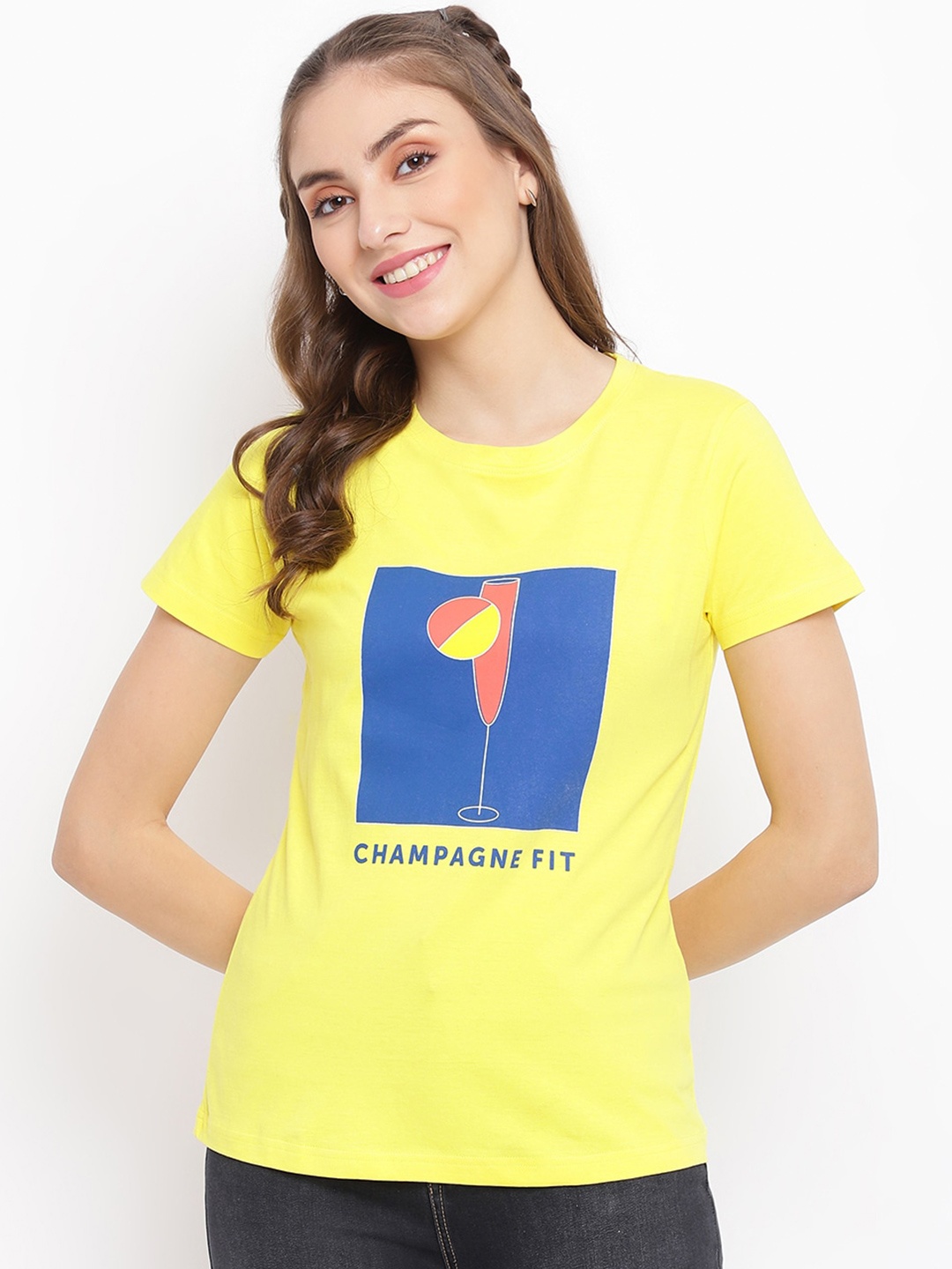 

Belliskey Women Round Neck Printed Cotton T-shirt, Yellow