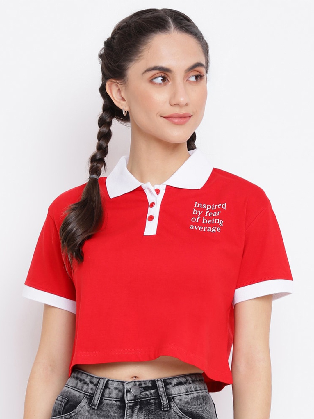 

Belliskey Women Polo Collar Cotton Crop T-shirt, Red