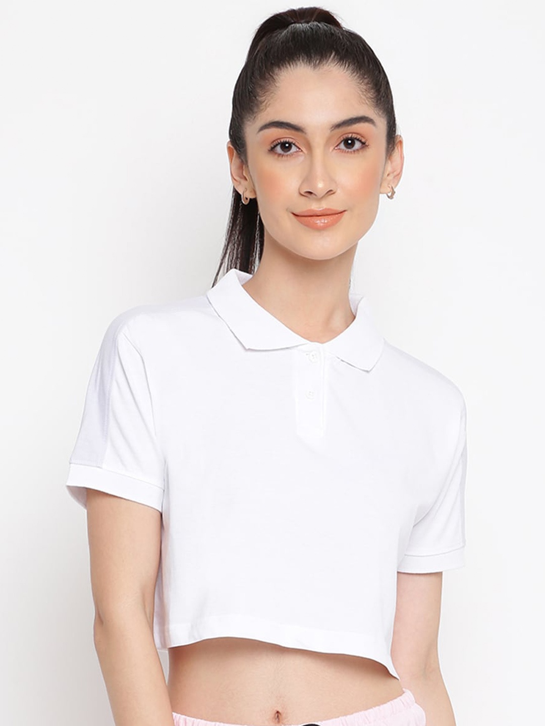 

Belliskey Women White Polo Collar Cotton Crop T-shirt