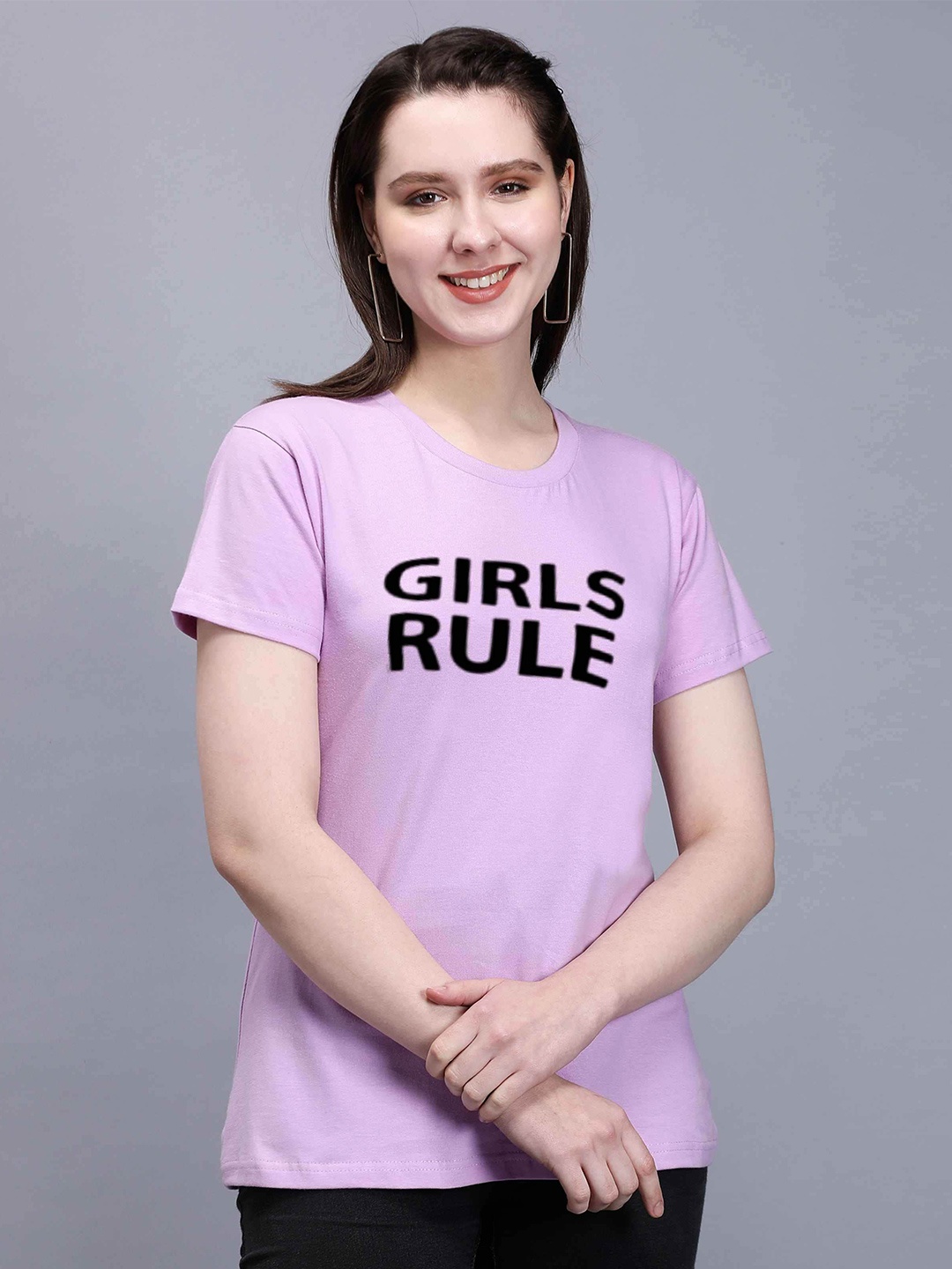 

TRENDY RABBIT Women Typography Printed Round Neck Cotton T-shirt, Lavender