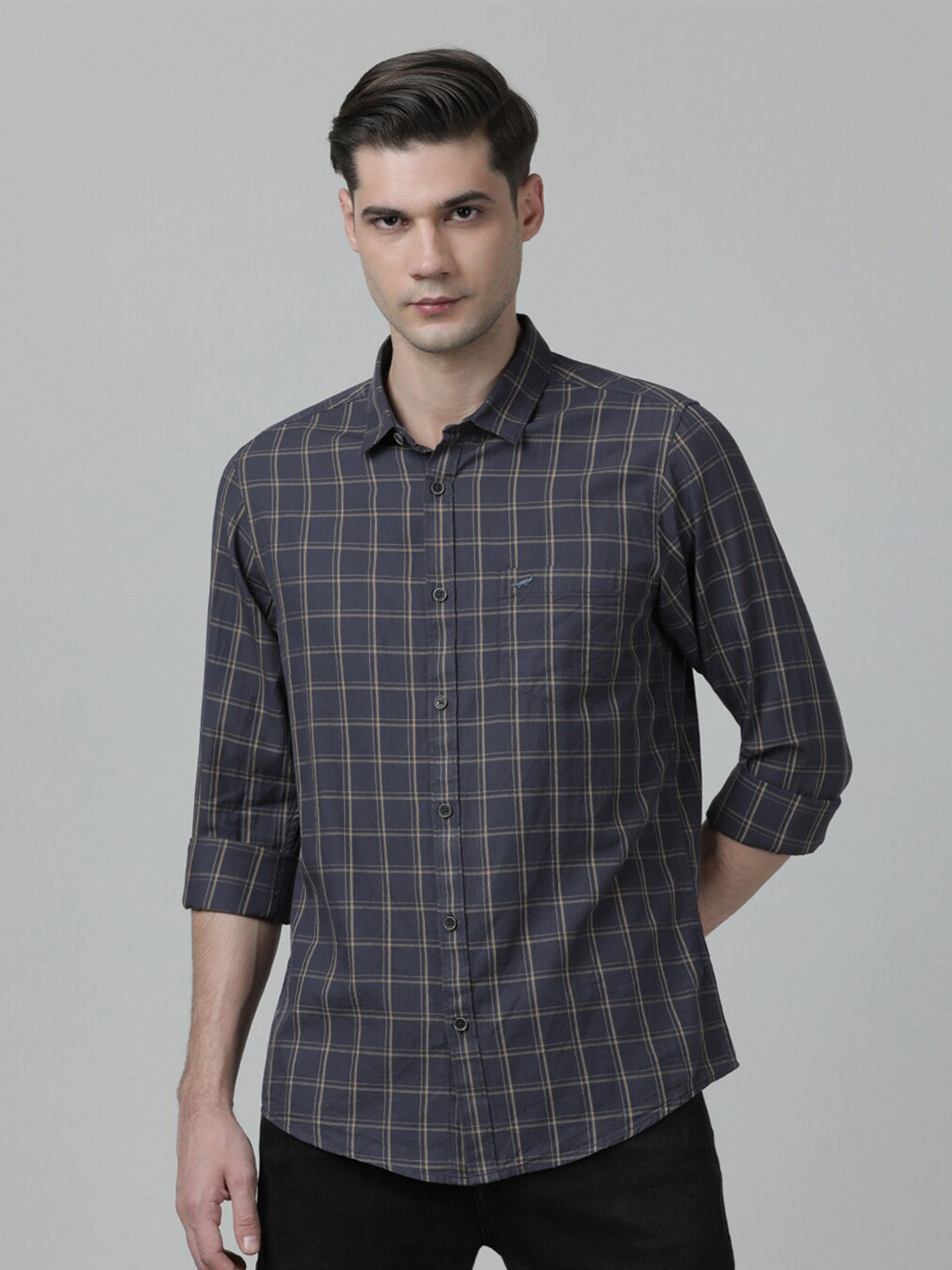 

Crocodile Men Slim Fit Tartan Checked Casual Cotton Shirt, Black