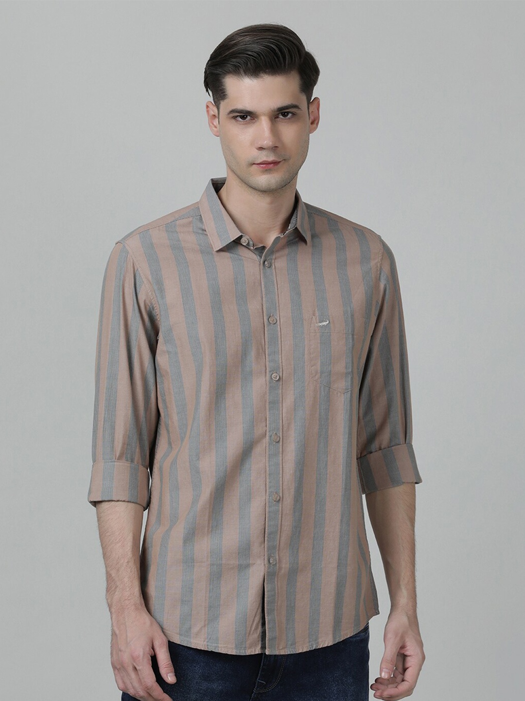 

Crocodile Men Slim Fit Striped Casual Cotton Shirt, Brown