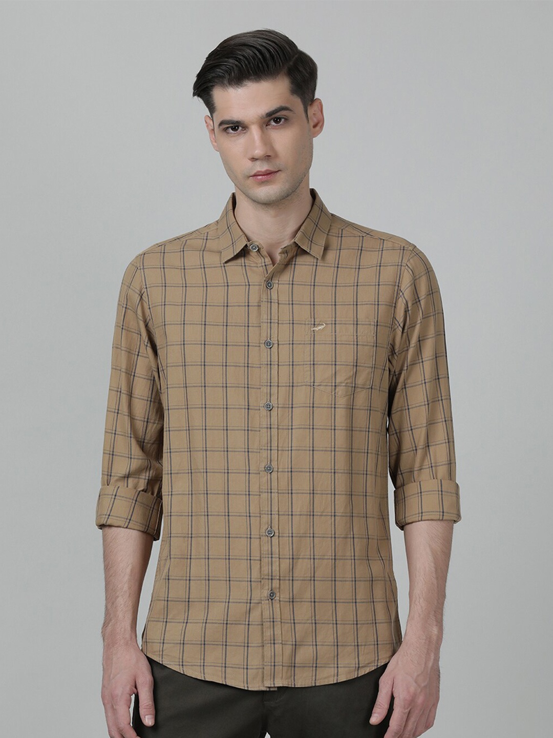 

Crocodile Men Checked Slim Fit Casual Cotton Shirt, Beige
